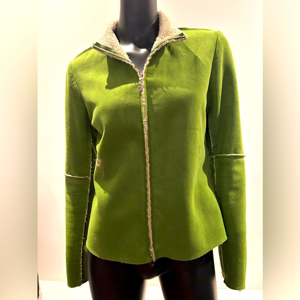 So cute  Velvet faux shearling green pea coat. Size M in excellent condition